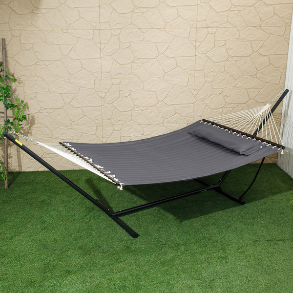 Outsunny 2 Person Hammock, Quilted Double Hammock with Stand, Pillow and Spreader Bars, for Outdoor Camping, Beach, Dark Grey 