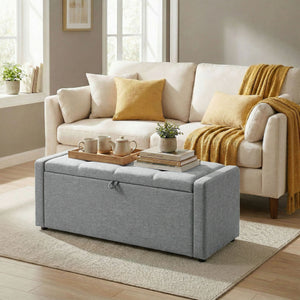 Storage ottoman bench, linen-look fabric upholstery, wide padded seat, light grey