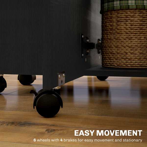 Black dining table on wheels with drawers and cabinet, foldable