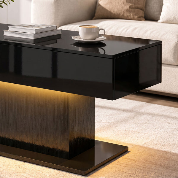 Modern coffee table with RGB LED lighting, 2 hidden drawers and high-gloss finish – Black