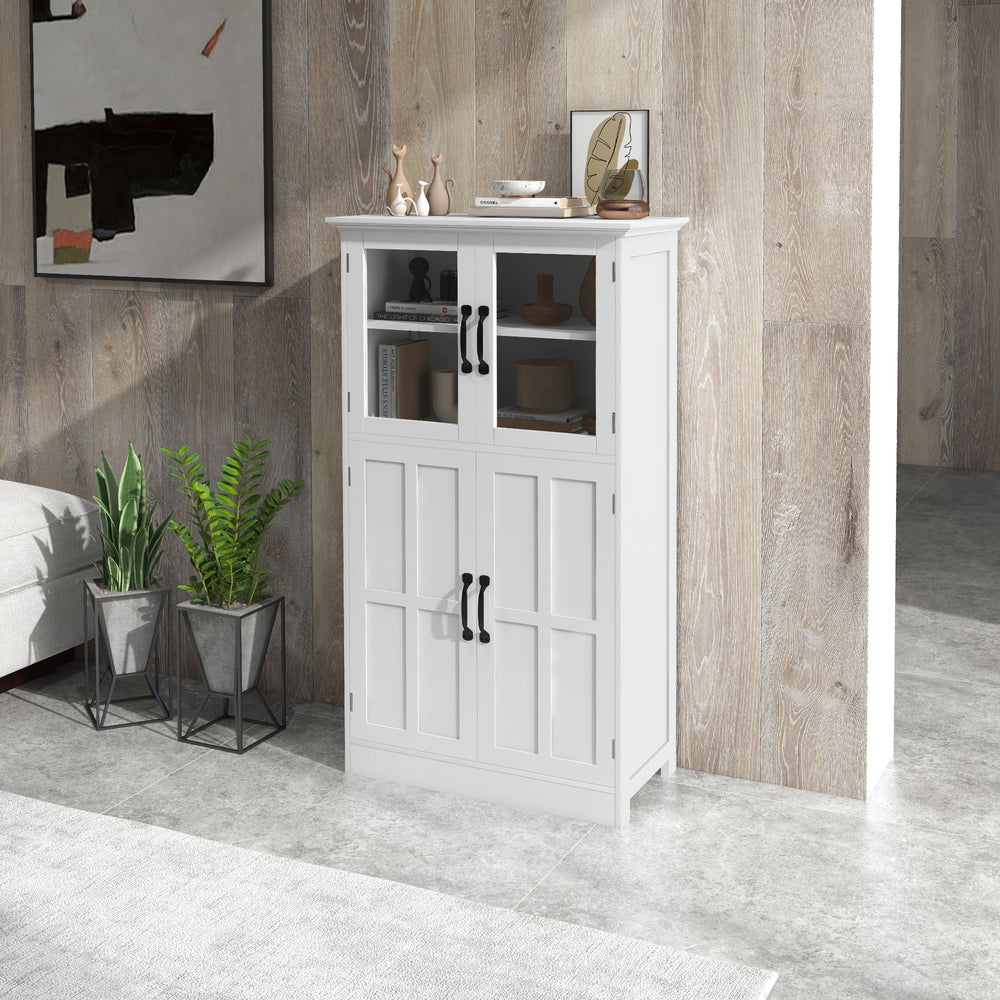 Modern sideboard with glass doors, 4-tier shelves, white