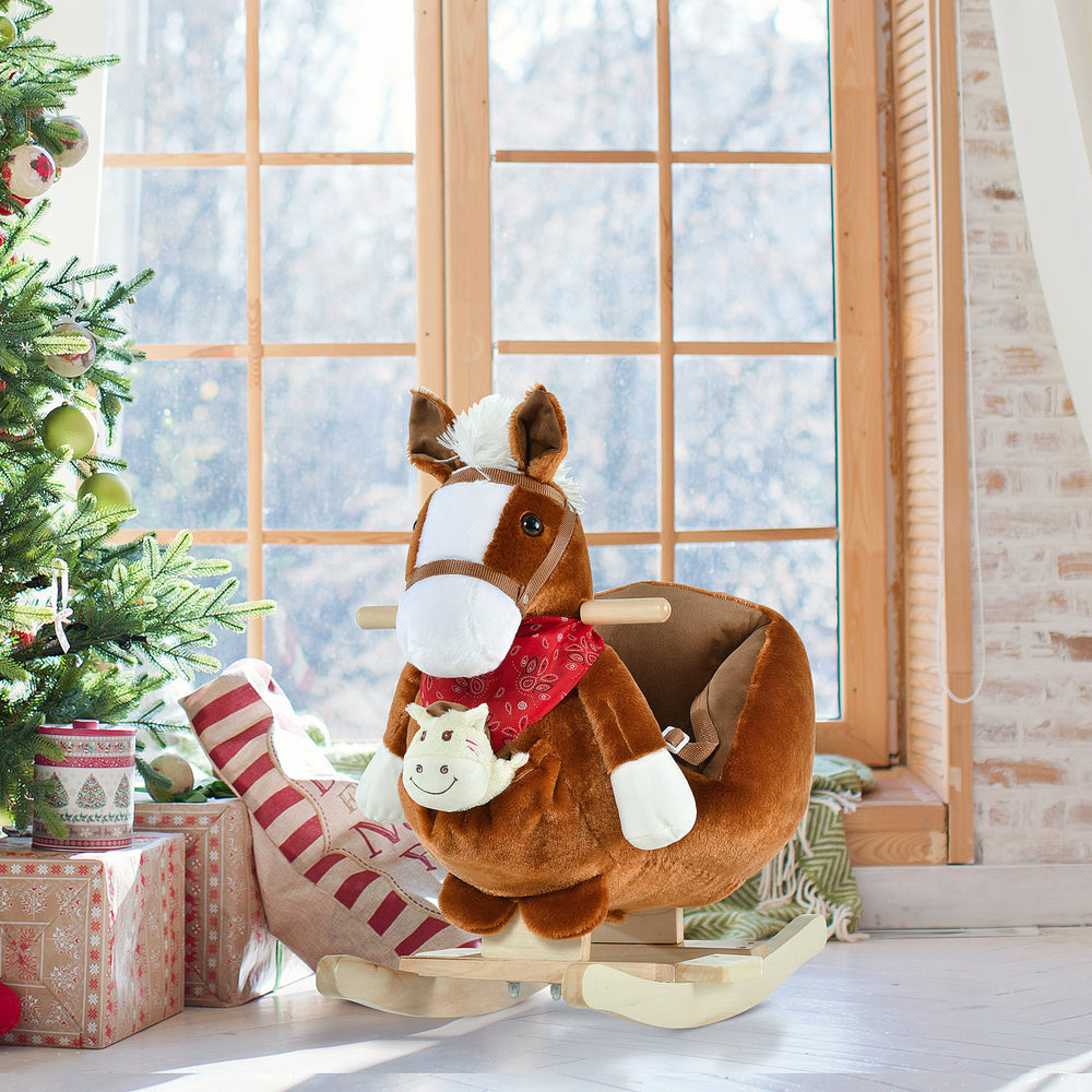 Rocking horse with handles and hand puppet, brown