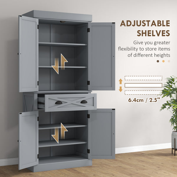 Storage unit with 4 doors, drawer and adjustable shelves, gray