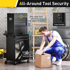 3-in-1 rolling tool chest with 6 drawers and pegboard, black