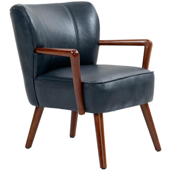 Upholstered faux leather accent chair with wooden legs, blue