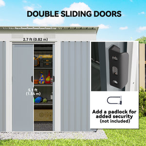 Metal garden shed with lockable sliding doors and ventilation, grey