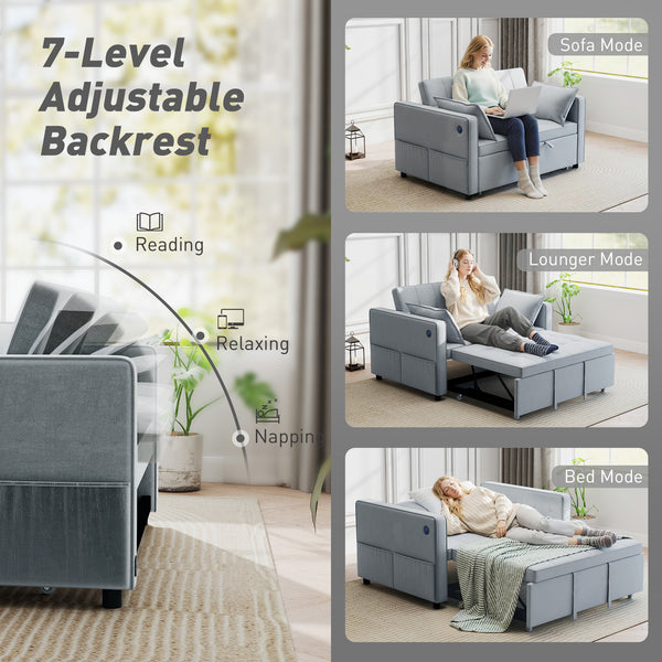 3-in-1 convertible sofa bed with USB port, adjustable backrest and side pockets, light grey.