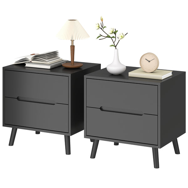 Set of 2 nightstands with 2 drawers and wooden legs – Black