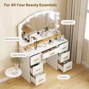 Dressing table with mirror and 10 LED lights, 3 adjustable colors, 7 drawers, 3 compartments, white