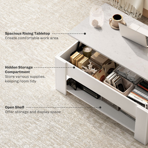 Lift-top coffee table with hidden compartment and open shelf, white