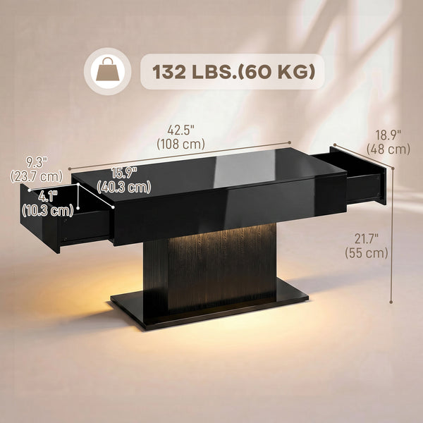 Modern coffee table with RGB LED lighting, 2 hidden drawers and high-gloss finish – Black