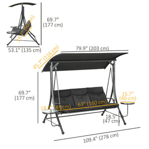 3-seater steel swing with adjustable canopy, black