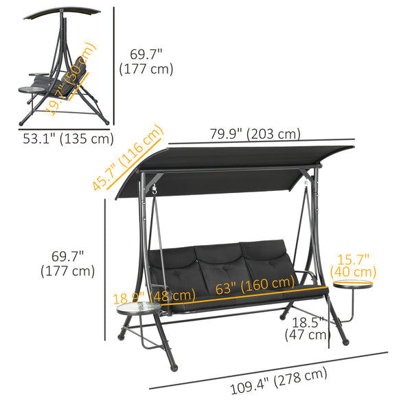 3-seater steel swing with adjustable canopy, black