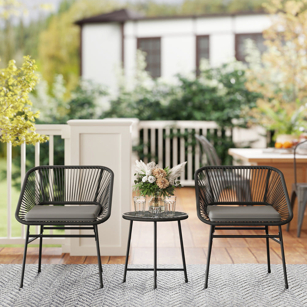 3-piece bistro set in woven resin with glass-topped table, black
