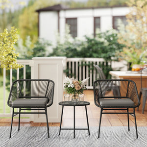 3-piece bistro set in woven resin with glass-topped table, black