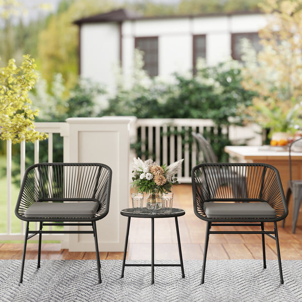 3-piece bistro set in woven resin with glass-topped table, black