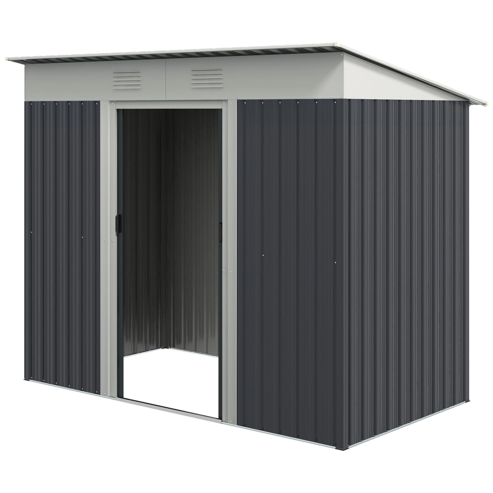 Metal garden shed with lockable sliding doors and ventilation
