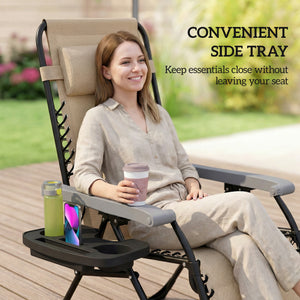 Set of 2 Folding and Reclining Outdoor Lounge Chairs, with Cup Holder and Headrest, Light Brown