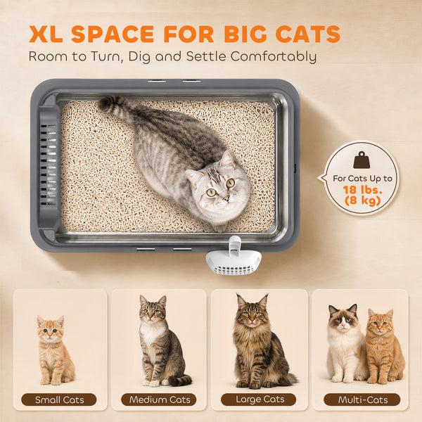 Set of 2 XL stainless steel litter boxes with high sides and lids