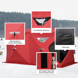 Foldable ice fishing shelter for 5 to 8 people, portable, red