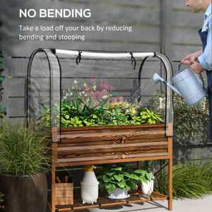 Raised planter with lid, lower shelf and liner, dark brown wood effect