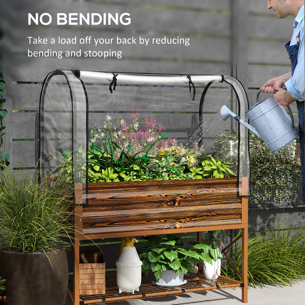 Raised planter with lid, lower shelf and liner, dark brown wood effect