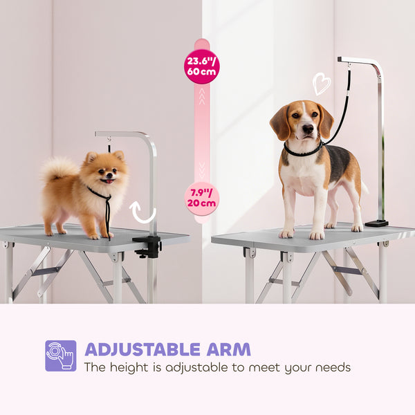 Foldable Pet Grooming Table for Dogs Cats with Adjustable Arm, Non-slip Surface, Grey