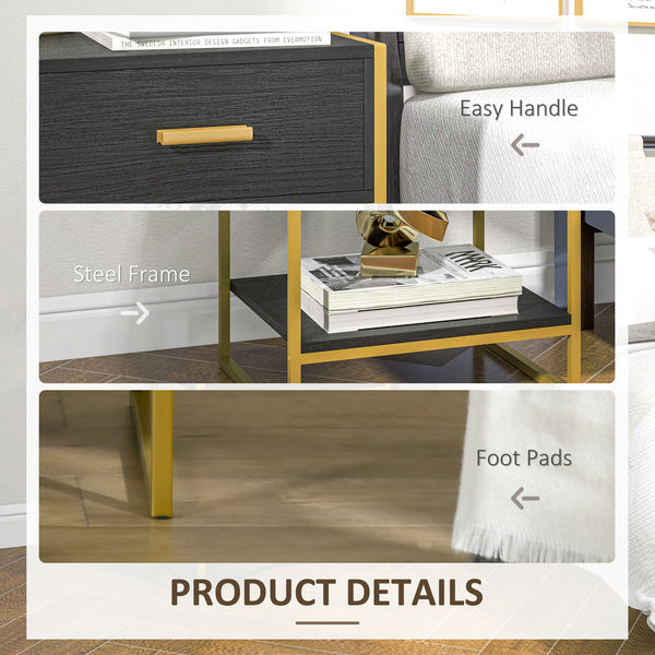 Set of 2 modern bedside tables, black and gold