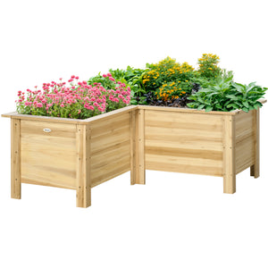 Raised L-shaped planter in natural wood