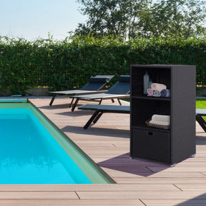 Outdoor storage cabinet in woven rattan with drawer, dark brown