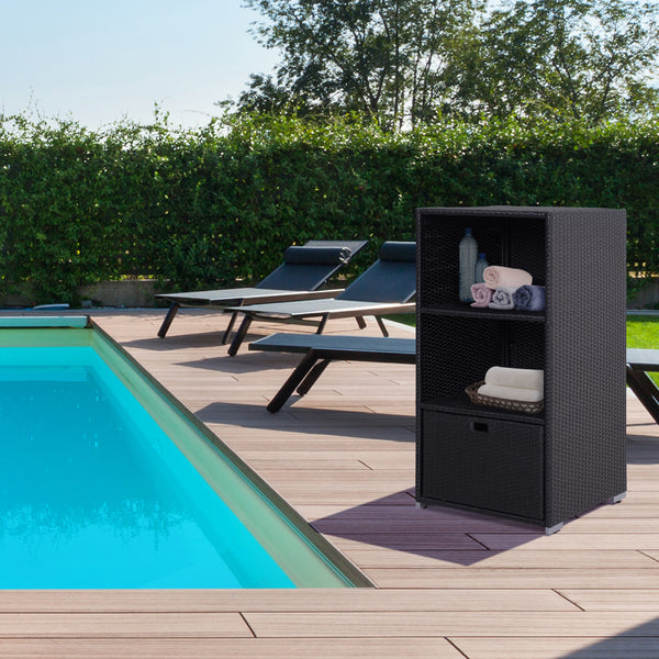 Outdoor storage cabinet in woven rattan with drawer, dark brown