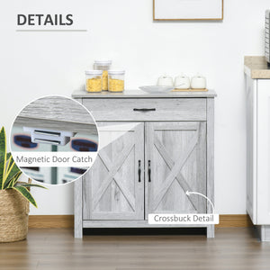 Farmhouse style buffet with barn-style sliding doors, distressed gray finish