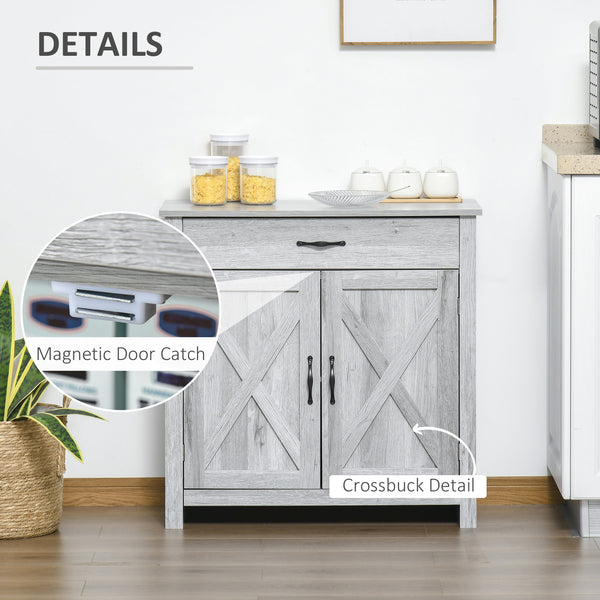 Farmhouse style buffet with barn-style sliding doors, distressed gray finish