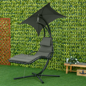 Floating Chaise Lounge Outdoor Porch Swing Chair Hanging Hammock Reclining Seat  w/ Arc Stand & Canopy Umbrella Charcoal Grey