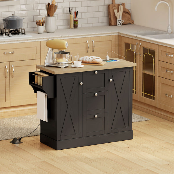 Farmhouse style kitchen island with electrical outlet, soft-close doors, and 3 drawers, black