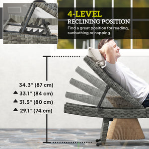 Folding wicker chaise lounge with 4-position adjustable backrest, grey