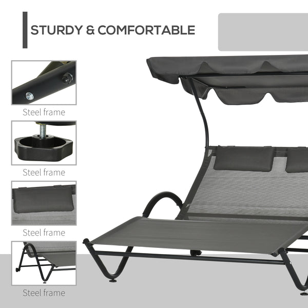 Outdoor Patio Chaise Lounge Chair, Patio Sun Lounger w/ Sunshade Roof, for Two People with Wheels and Breathable Sling Mesh Bed, Pillows, Dark Gray