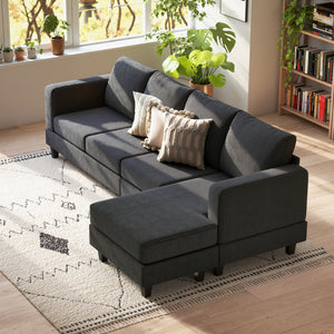 L-shaped sofa with chaise longue and spring cushion for living room or bedroom, anthracite grey