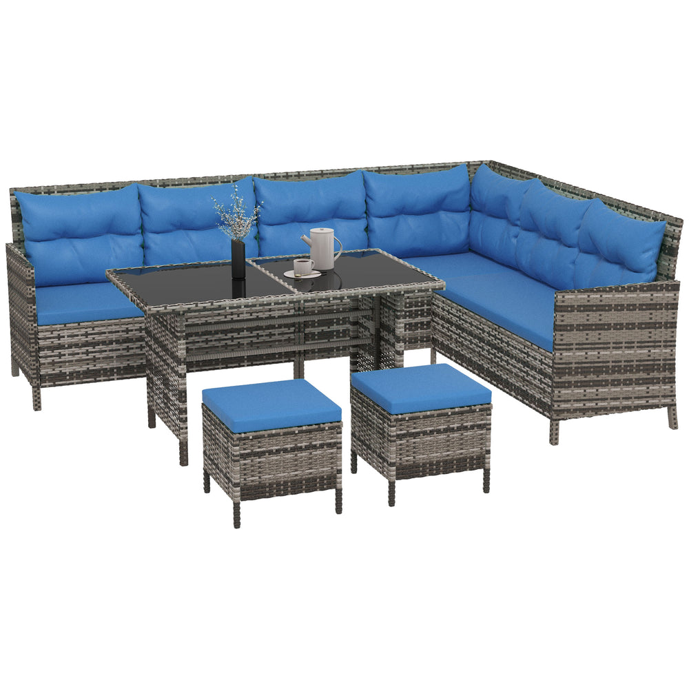 Ensemble de jardin 6 pièces en rotin bleu comprenant canapés, table à manger et chaises, parfait pour repas en plein air sur terrasse ou patio