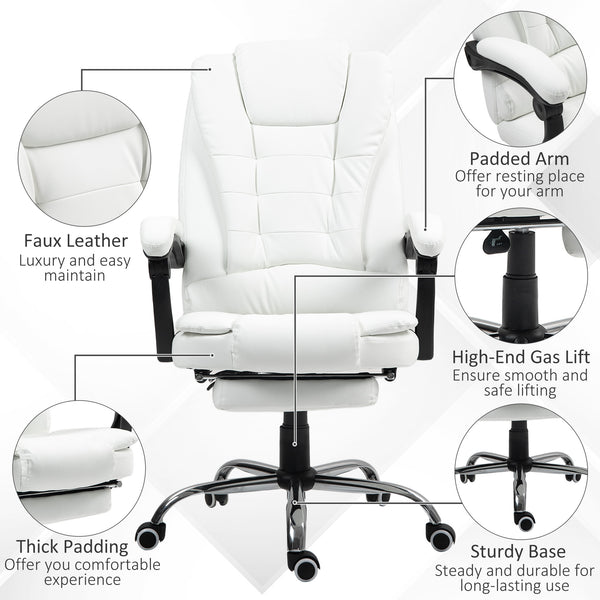High-back office chair in synthetic leather with retractable footrest, white