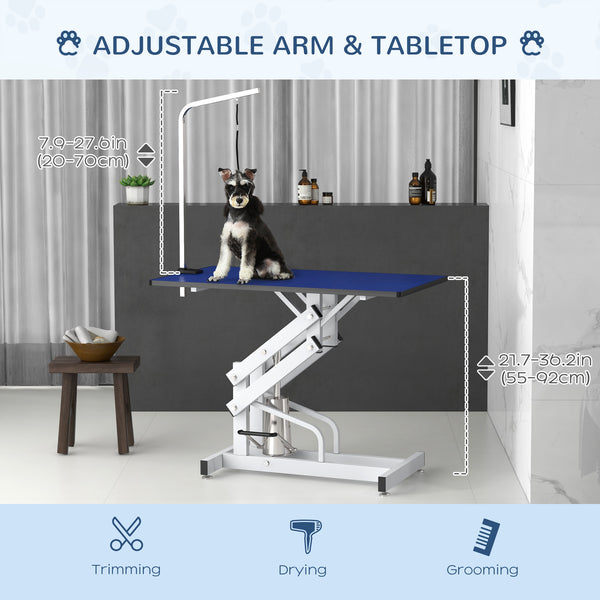 Adjustable Height Pet Grooming Table with Arm, Leash, and Non-Slip Surface, Blue