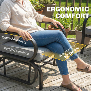 Rocking chair with cushions, steel frame, curved armrests, light gray
