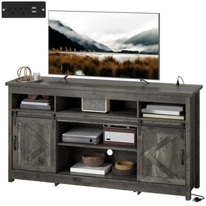 TV cabinet with power outlets, sliding doors and adjustable shelves, dark grey
