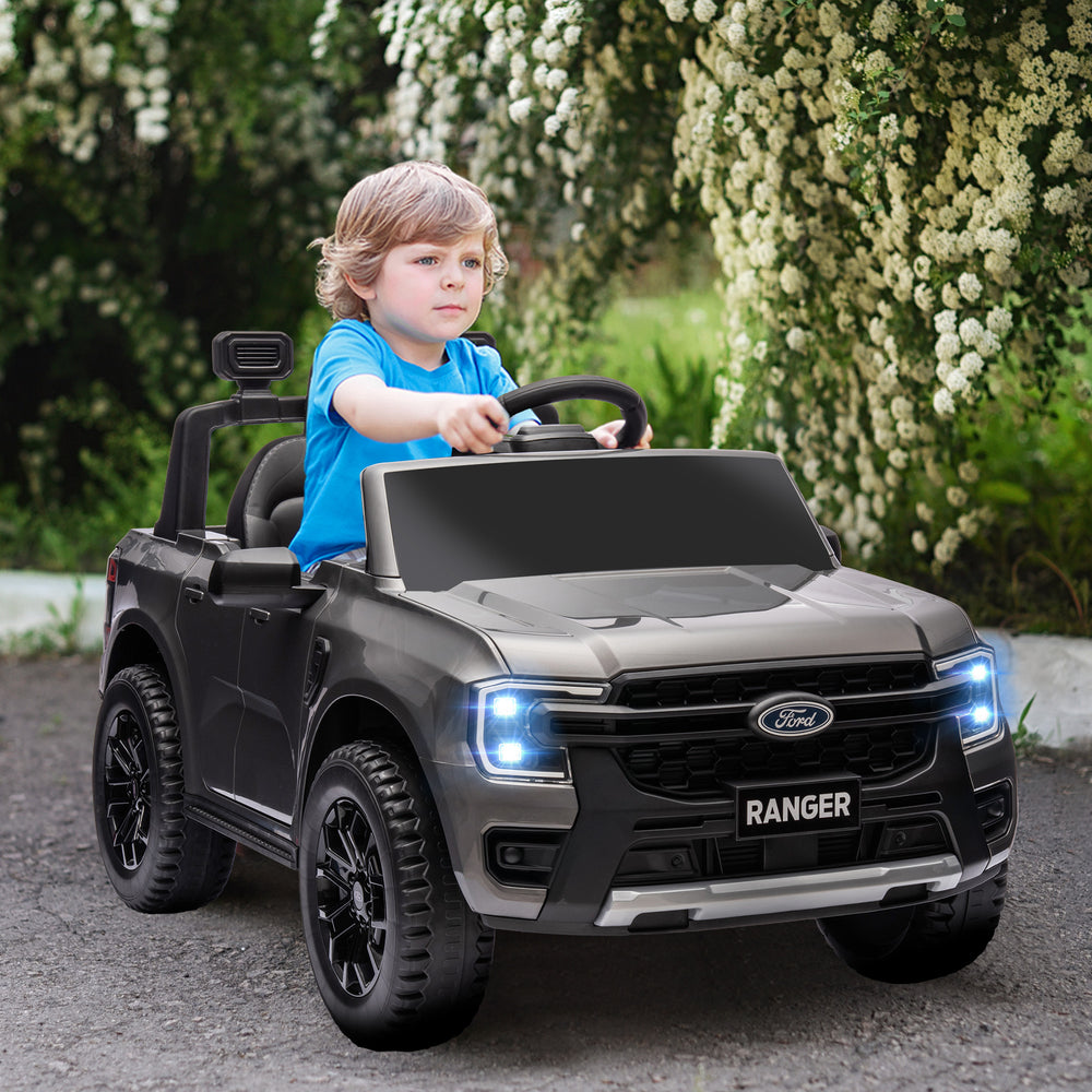 Voiture électrique 12 V Ford Ranger sous licence pour enfants, avec télécommande parentale, suspension à ressorts et rangement arrière, coloris gris