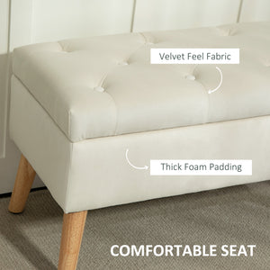 Storage ottoman with velvet upholstered lid and wooden legs, cream white