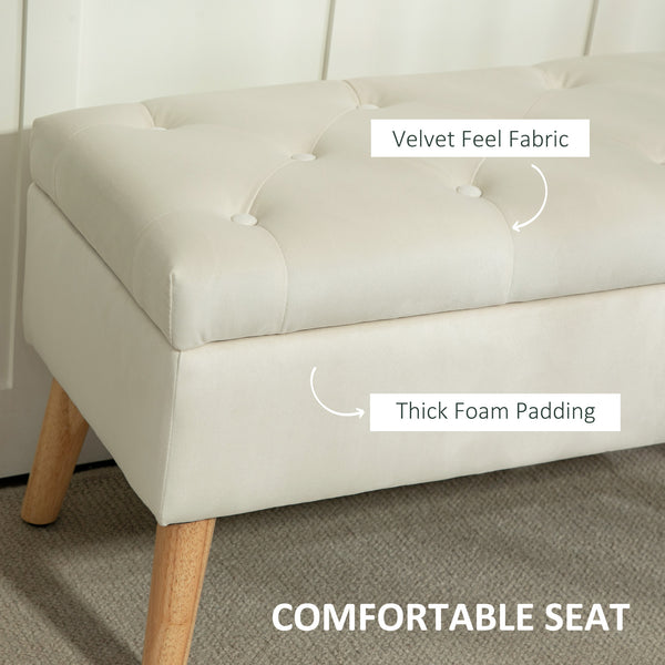 Storage ottoman with velvet upholstered lid and wooden legs, cream white