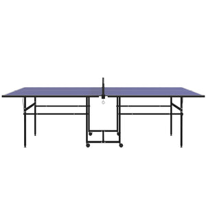 Full-size ping pong table with net, paddles, balls and wheels, blue
