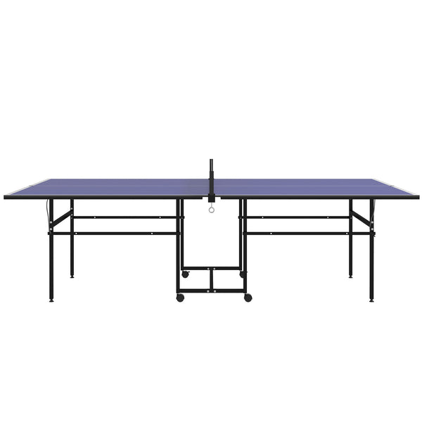Full-size ping pong table with net, paddles, balls and wheels, blue