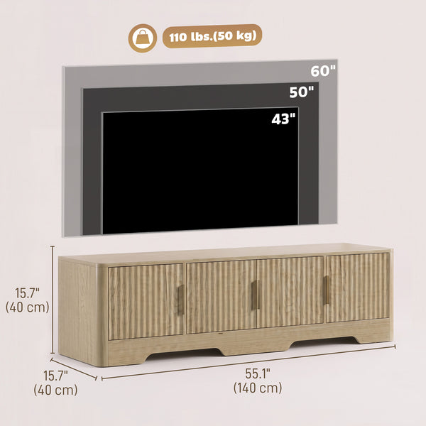 TV stand for TVs up to 60 inches, modern with fluted doors, oak finish