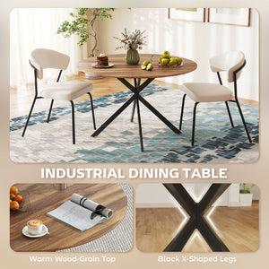 Round kitchen table for 4 people, industrial style, steel legs, dark brown and black.